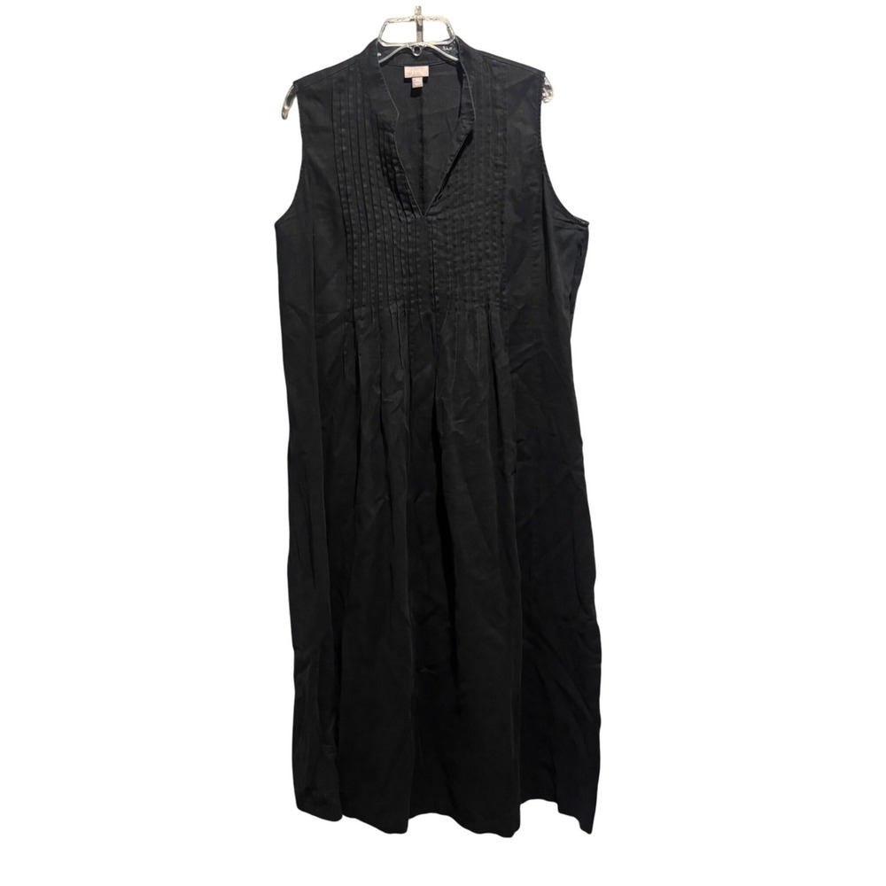 J. Jill Womens 2X Black 100% Linen Pintuck Pleated Sleeveless Midi Dress V-Neck